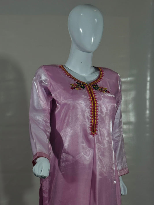 Elegant 2-Piece Shisha Silk Embroidered Dress with Katan Silk Trousers