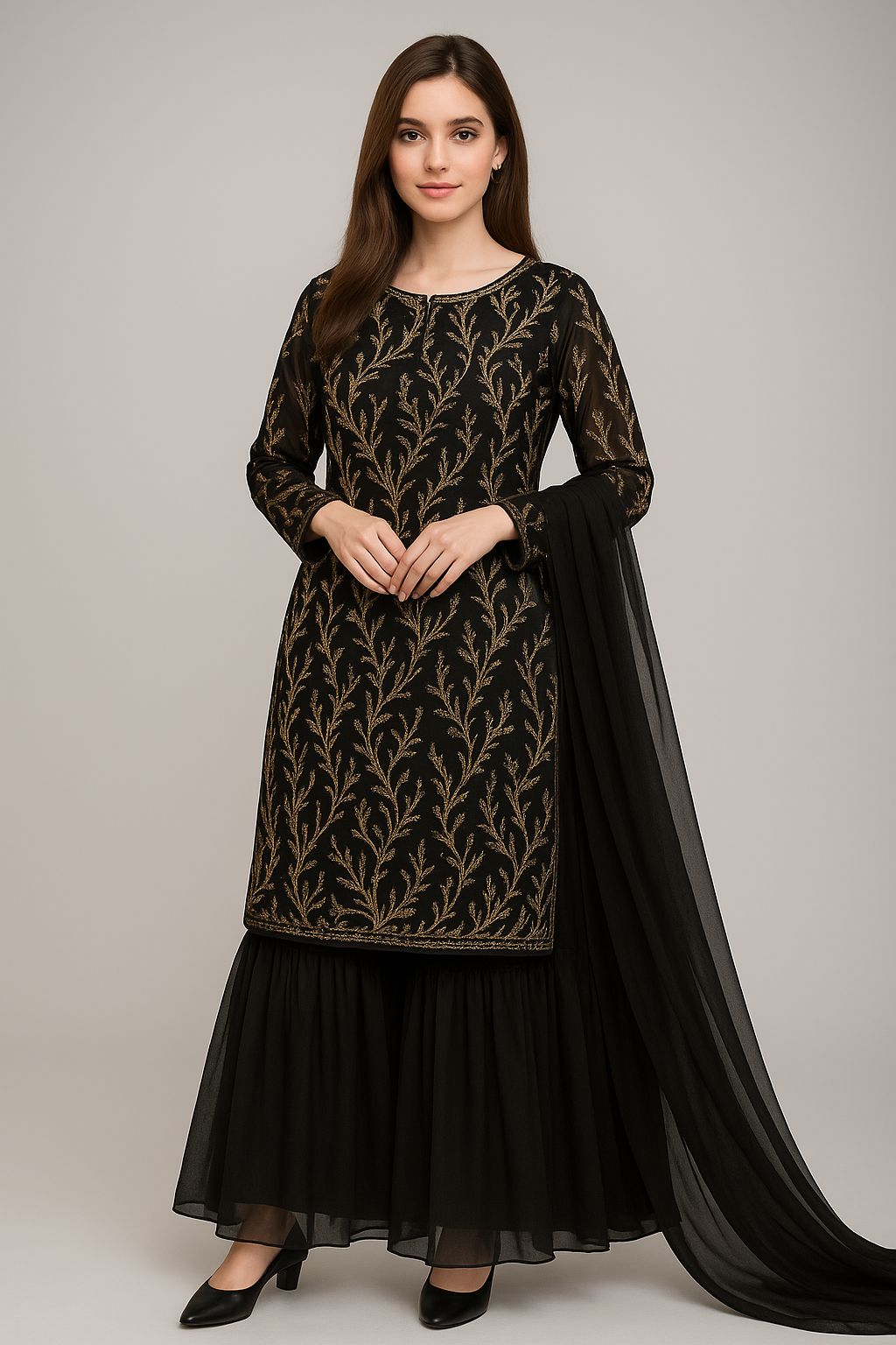 Exquisite 2-Piece Bridal Dress – Designer Embroidery on Pure Chiffon Fabric
