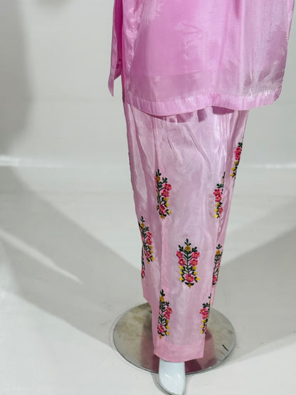 Elegant 2-Piece Shisha Silk Embroidered Dress with Katan Silk Trousers