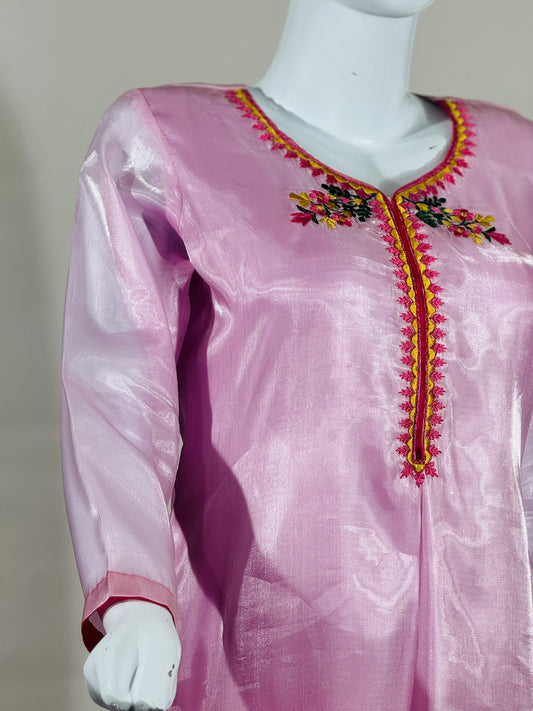 Elegant 2-Piece Shisha Silk Embroidered Dress with Katan Silk Trousers