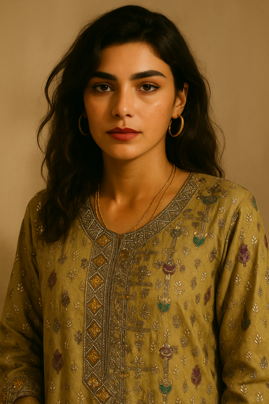 3-Piece Party Wear Dress – Pure Zari Fabric with Luxurious Detailing